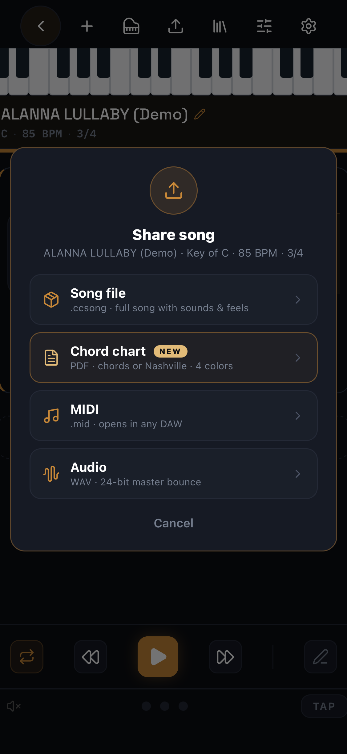 ChordCodex Share Song sheet — Song file, Chord chart, MIDI, and Audio export options