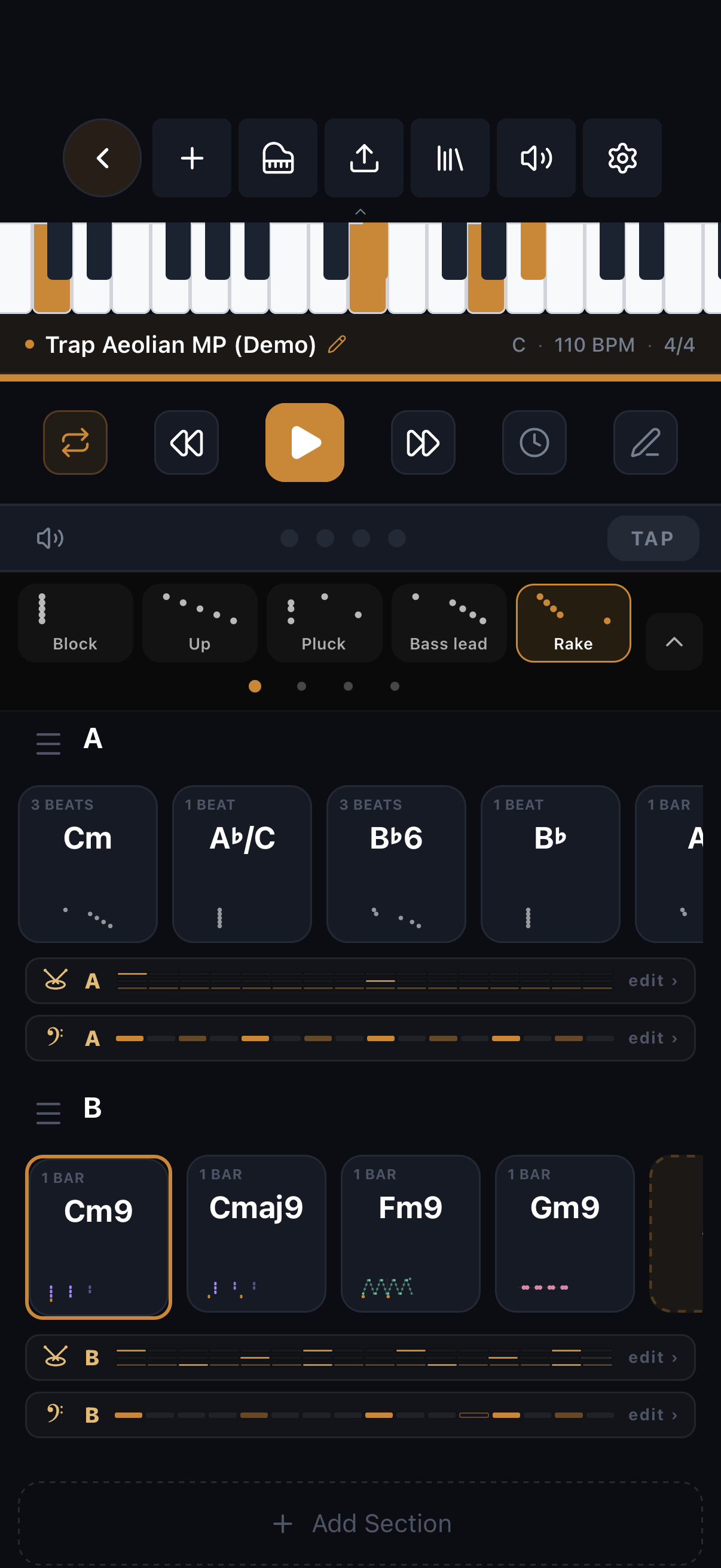 A song — sections, chords, transport