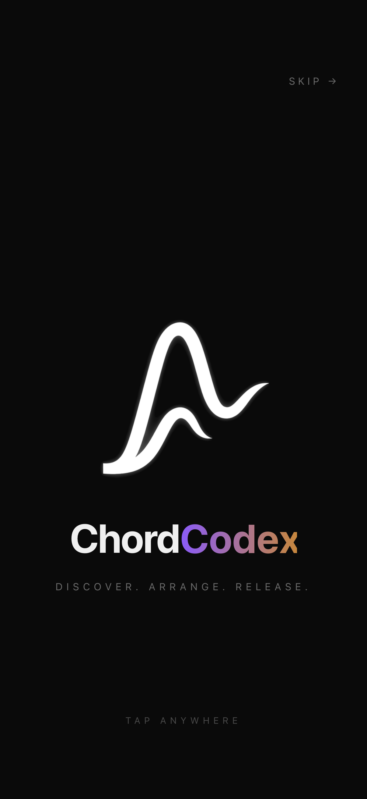 ChordCodex splash screen showing the wordmark and tagline 'Discover. Arrange. Release.'